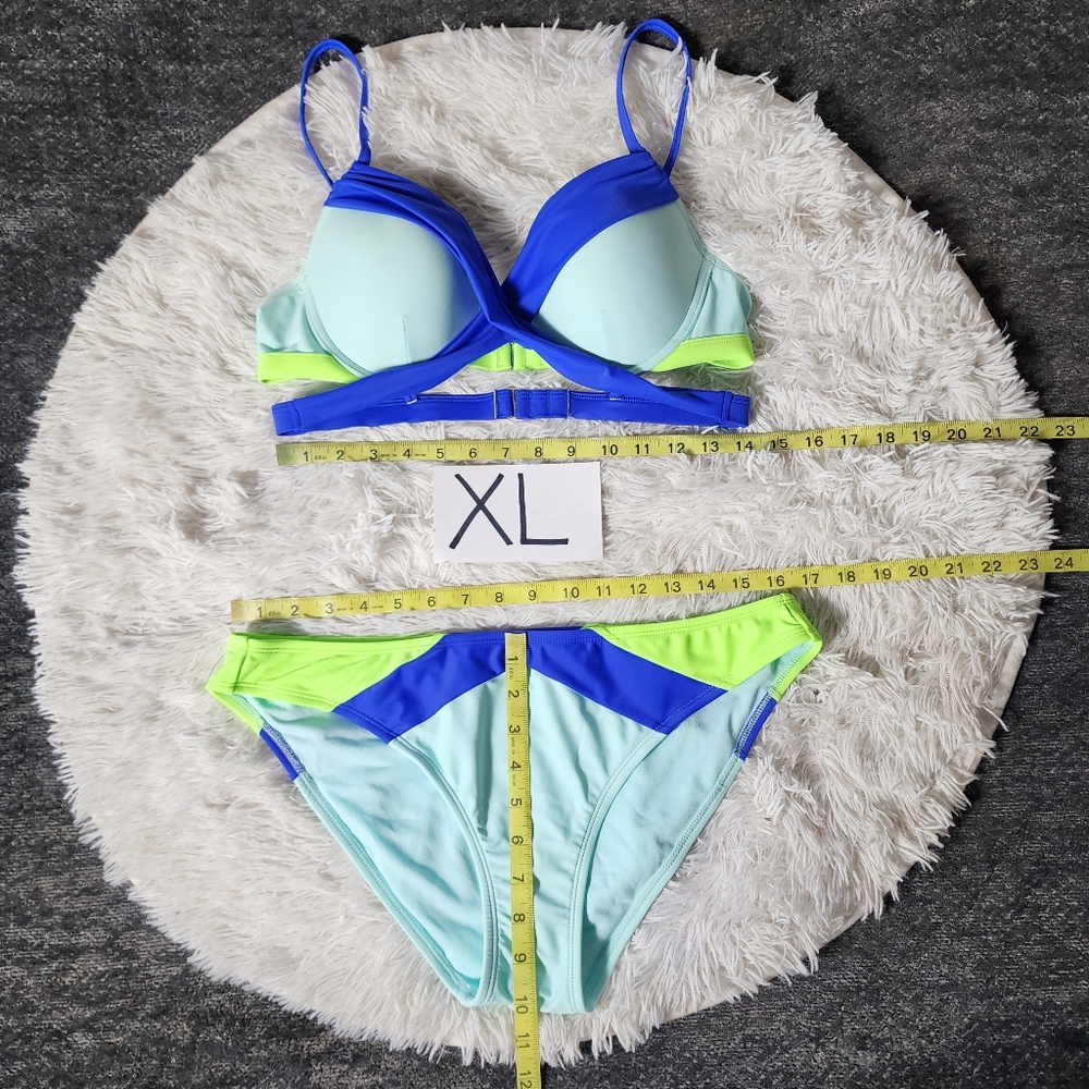 Green and Blue Colorblock Push-Up Cheeky Bikini Set - Picture 13 of 16
